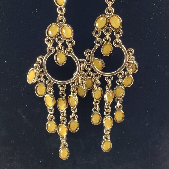 Stunning Chandelier Drop Dangle Earrings Gold-tone Finish Striking Yellow Stones - Picture 3 of 4